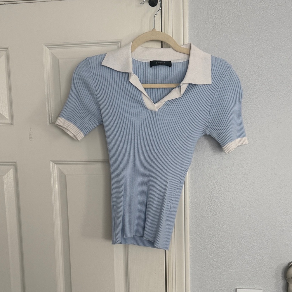Sky Blue Ribbed Polo Blouse